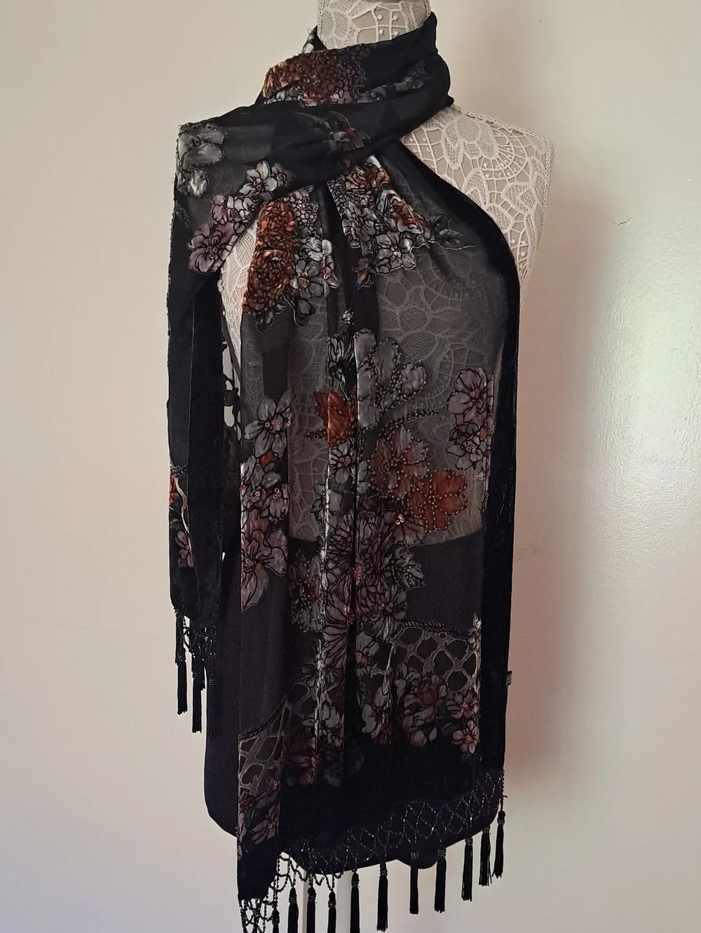 Vintage Black Sheer Floral Scarf with Fringe 100% Silk